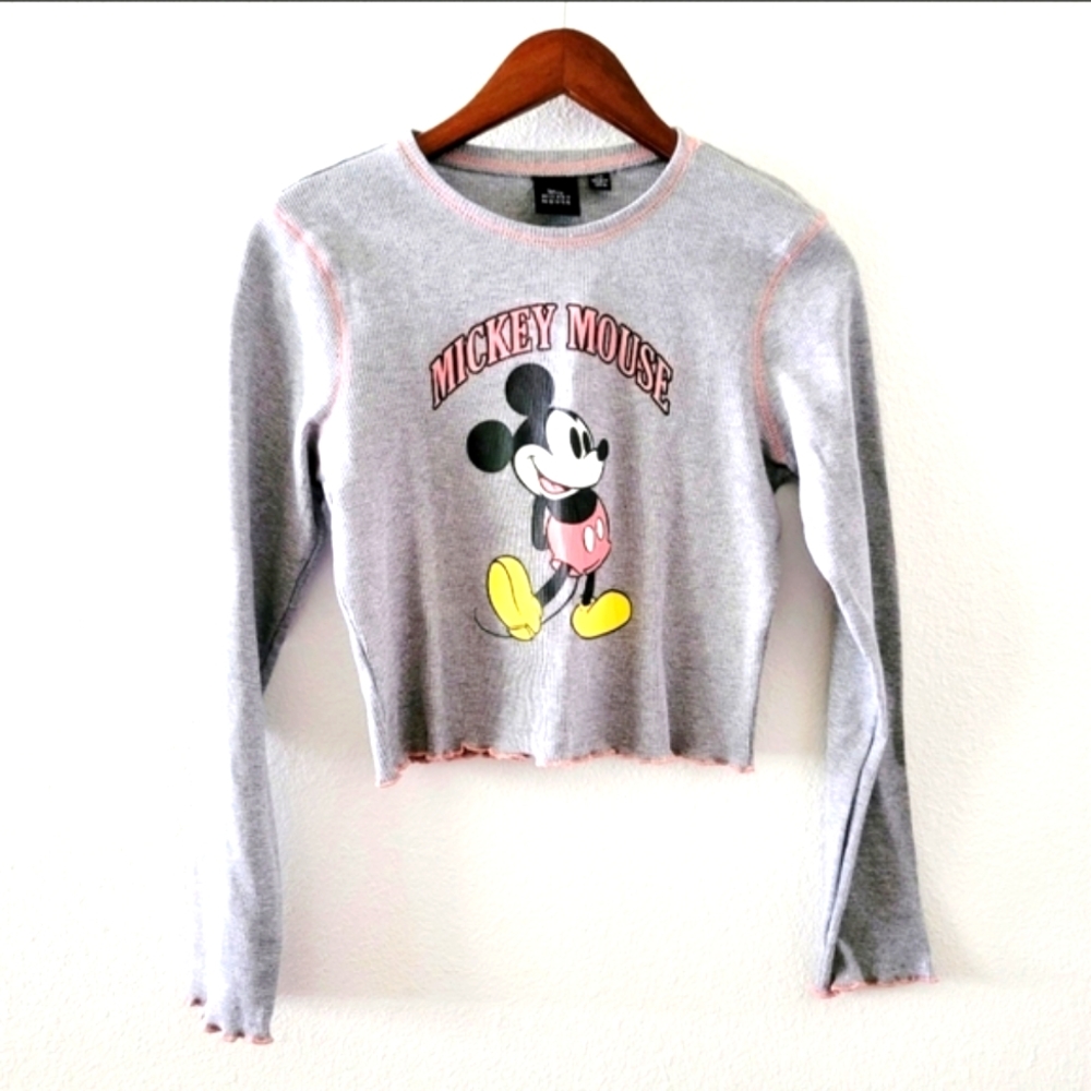 Disney Mickey Mouse crop top size juniors L gray ribbed long sleeve cotton